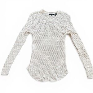 Jeanne Pierre Cable Knit Sweater Womens Small Cream Excellent Cotton Curved Hem